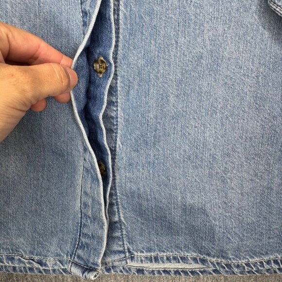 Industry Blue Denim Button Shirt with Puff Ruffle Ruche Sleeve Women sz L - Picture 4 of 9